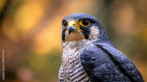 Close-up of a gray-headed peregrine falcon perched in a lush forest showcasing striking features and captivating gaze. photo