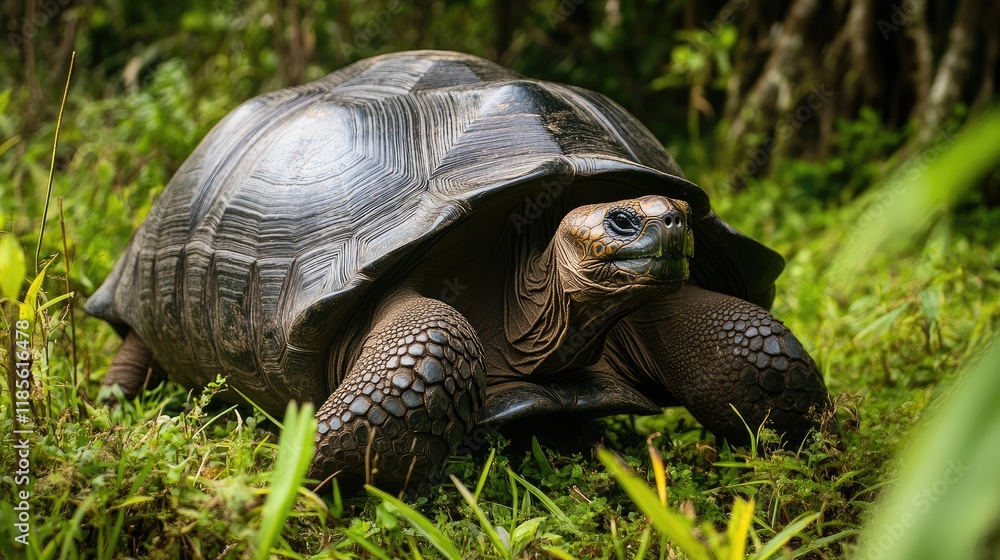 Giant tortoise resting in lush highland vegetation showcasing its unique features and connection to natural habitat Giant tortoise resting in lush highland vegetation showcasing its unique features and connection to natural habitat