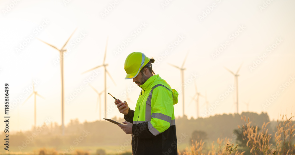 custom made wallpaper toronto digitalEngineer wearing uniform inspection and survey work in wind turbine farms rotation to generate electricity energy. Maintenance engineer working in wind turbine farm.