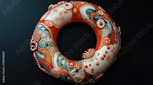 Decorative lifebuoy with intricate designs and textures on a dark background showcasing a blend of vibrant colors and artistic elements photo