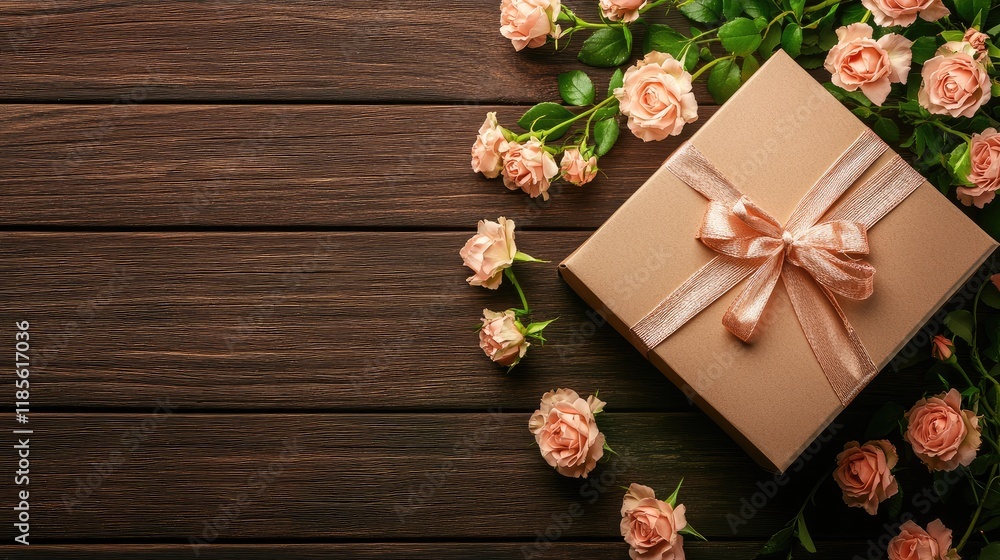 Elegant gift box with ribbon surrounded by pink roses on rustic brown wooden table flat lay composition. Perfect for celebrations and gifting. Elegant gift box with ribbon surrounded by pink roses on rustic brown wooden table flat lay composition. Perfect for celebrations and gifting.