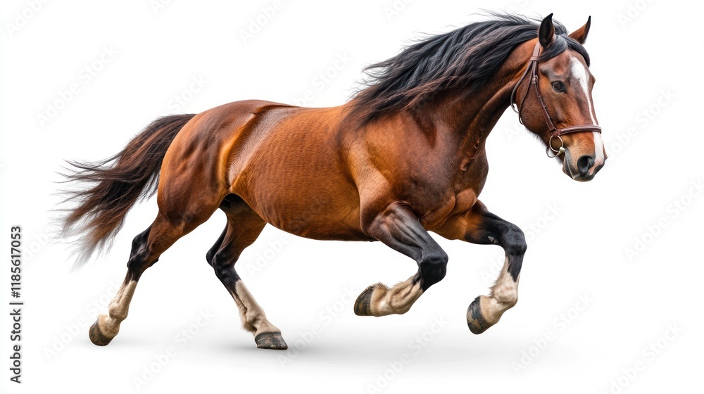 Naklejka premium Powerful Brown Horse Running with Black Mane Isolated on White Background