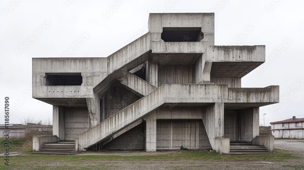 Modernist concrete architecture featuring multi-level stairs in an industrial setting under overcast skies. Modernist concrete architecture featuring multi-level stairs in an industrial setting under overcast skies.
