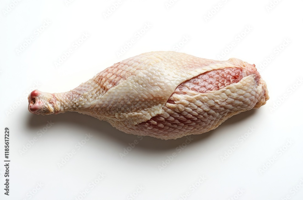 Fototapeta premium Fresh Raw Chicken Leg on White Background Ideal for Culinary and Food Preparation Photography in Stock Image Collections