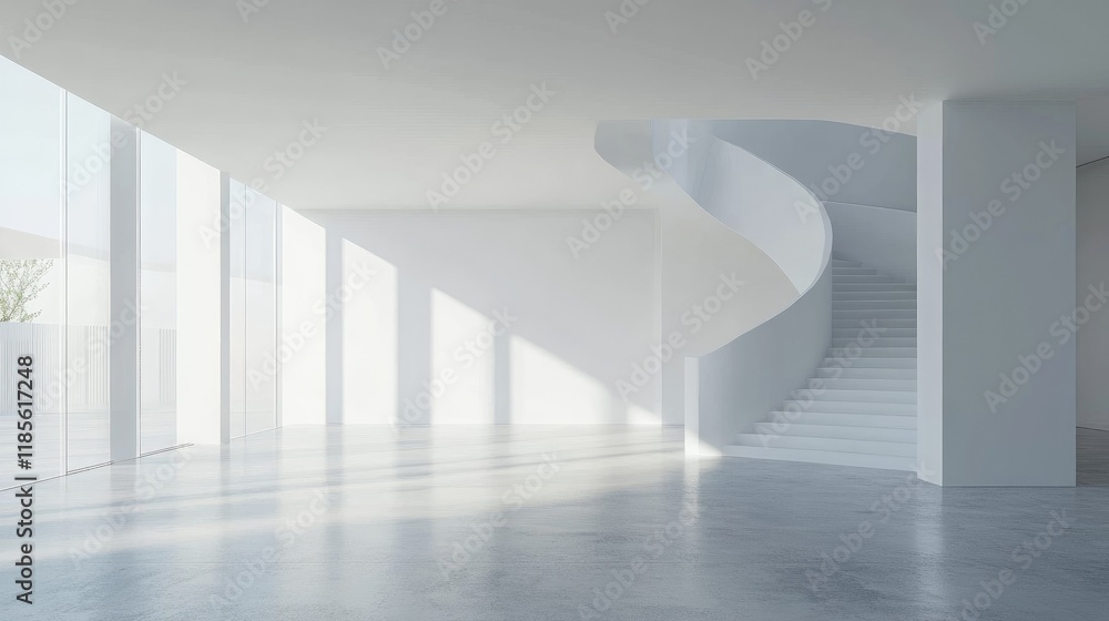 Obraz premium Elegant spacious interior mockup featuring white walls and a modern spiral staircase with ample natural light streaming through large windows.