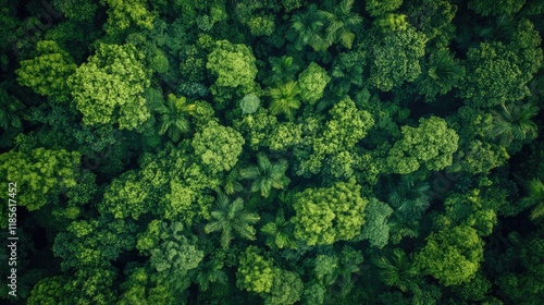 Aerial view of dense tropical rainforest highlighting lush greenery and vibrant foliage with ample space for text or overlays.