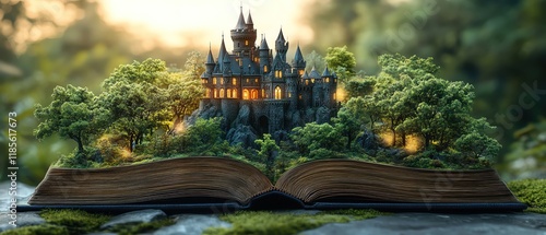 Fantasy book with a miniature castle and forest emerging from its pages photo