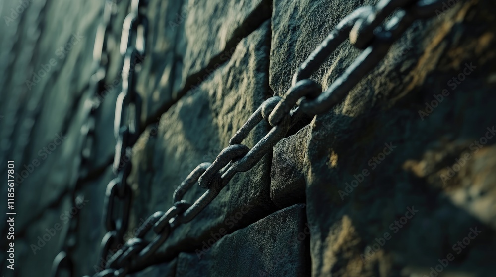 Close-up of medieval prison chains against a stone wall highlighting historical confinement and punishment elements in a dark ambiance Close-up of medieval prison chains against a stone wall highlighting historical confinement and punishment elements in a dark ambiance