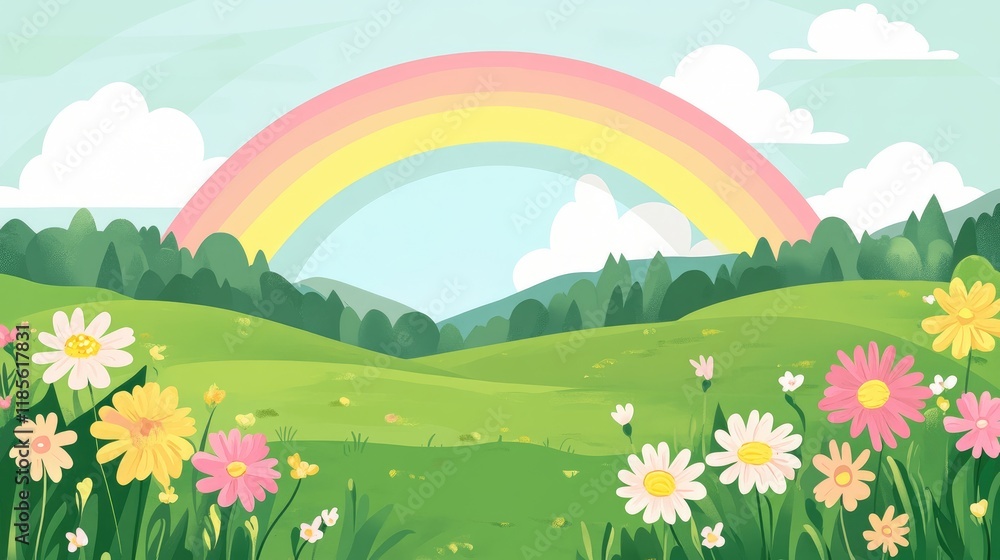 Fototapeta premium Rainbow over lush green fields adorned with colorful wildflowers under a bright sky with fluffy clouds in a serene landscape scene
