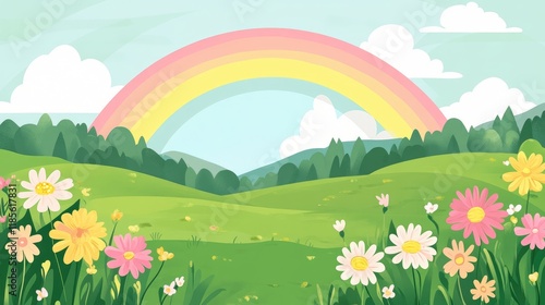 Rainbow over lush green fields adorned with colorful wildflowers under a bright sky with fluffy clouds in a serene landscape scene