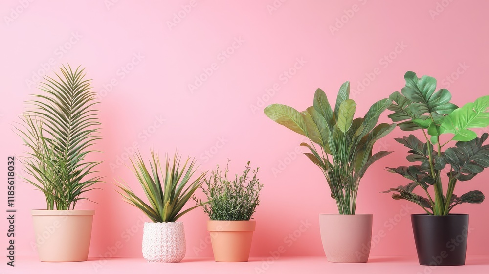 Fototapeta premium Home office decor with various artificial plants against a vibrant pink background for a fresh and modern aesthetic