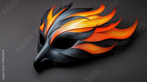 a black and orange mask with flames on it photo