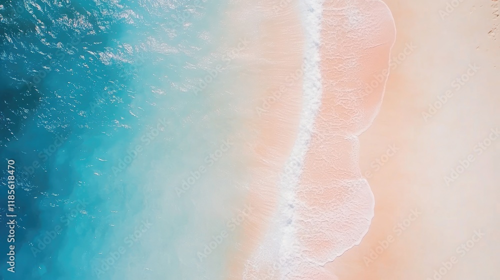Fototapeta premium Aerial view of a serene white sandy beach with gentle waves and vibrant blue water ideal for minimalist design and ample text space