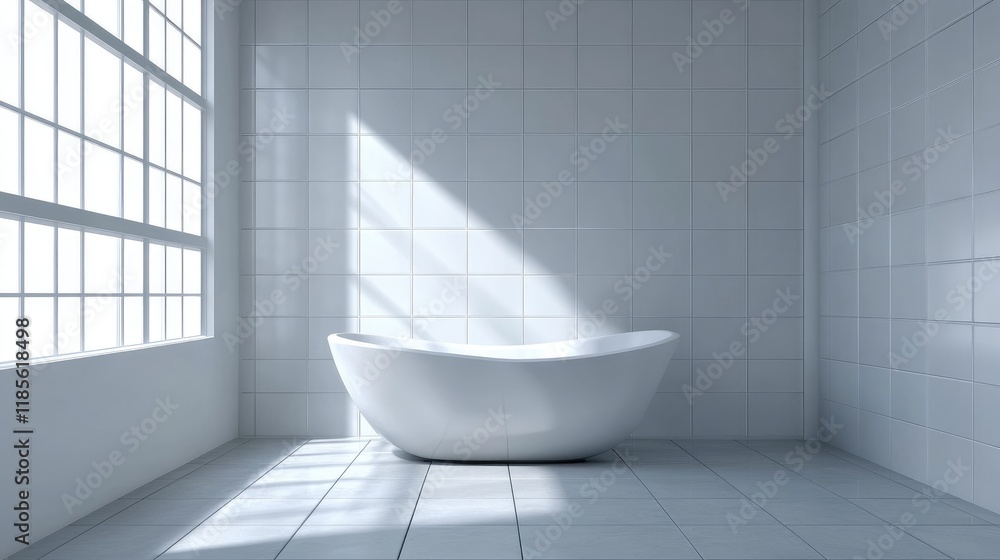 Modern Minimalist Bathroom Featuring a Gray Tiled Wall and Elegant Freestanding Bathtub with Natural Light Streaming In Modern Minimalist Bathroom Featuring a Gray Tiled Wall and Elegant Freestanding Bathtub with Natural Light Streaming In