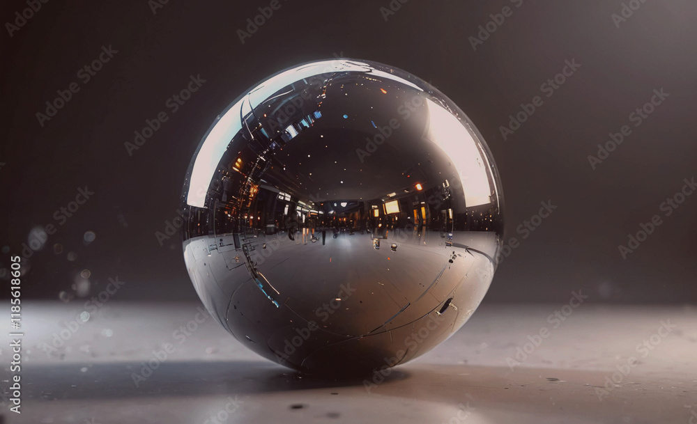 Shiny silver ball is sitting on a table. The ball is reflecting the light from the camera Shiny silver ball is sitting on a table. The ball is reflecting the light from the camera