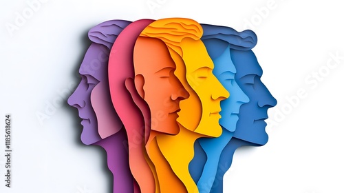 Colorful layered profile views of four human faces photo