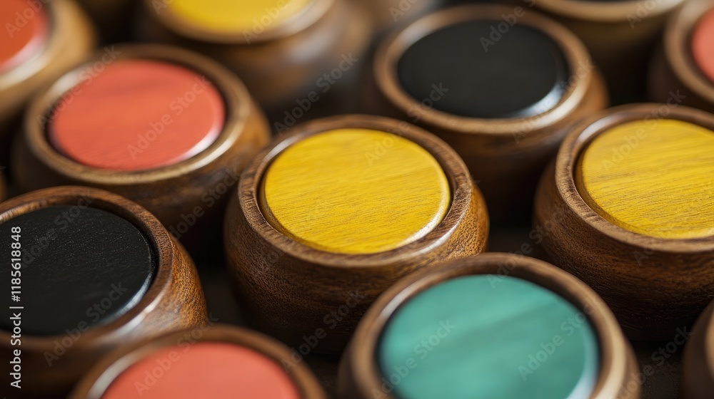 Close up of colorful Halma game pieces arranged on a wooden surface showcasing strategic board game elements and craftsmanship. Close up of colorful Halma game pieces arranged on a wooden surface showcasing strategic board game elements and craftsmanship.