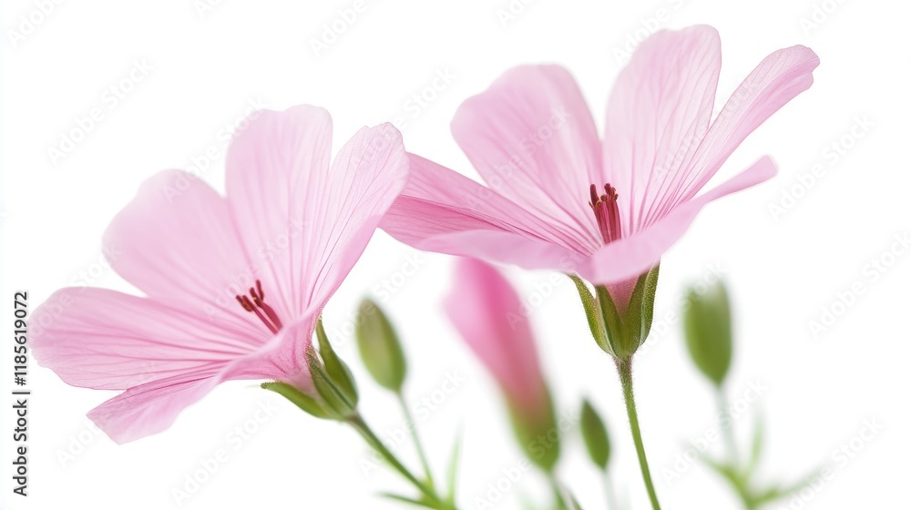 Fototapeta premium Delicate pink flower blossoms with soft focus on a white background highlighting their beauty and elegance in a serene floral composition