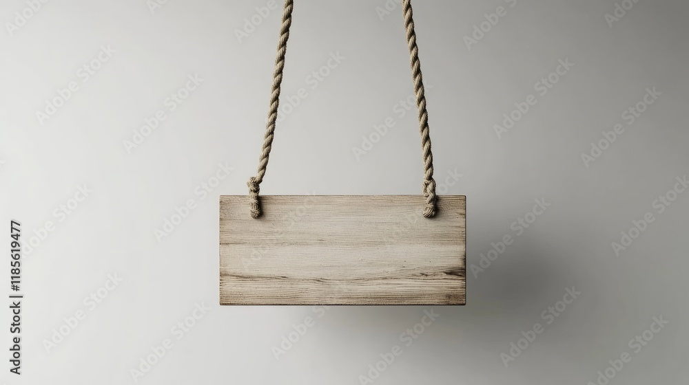 Rustic wooden hanging signboard with rope on a neutral background for branding and decorative purposes Rustic wooden hanging signboard with rope on a neutral background for branding and decorative purposes