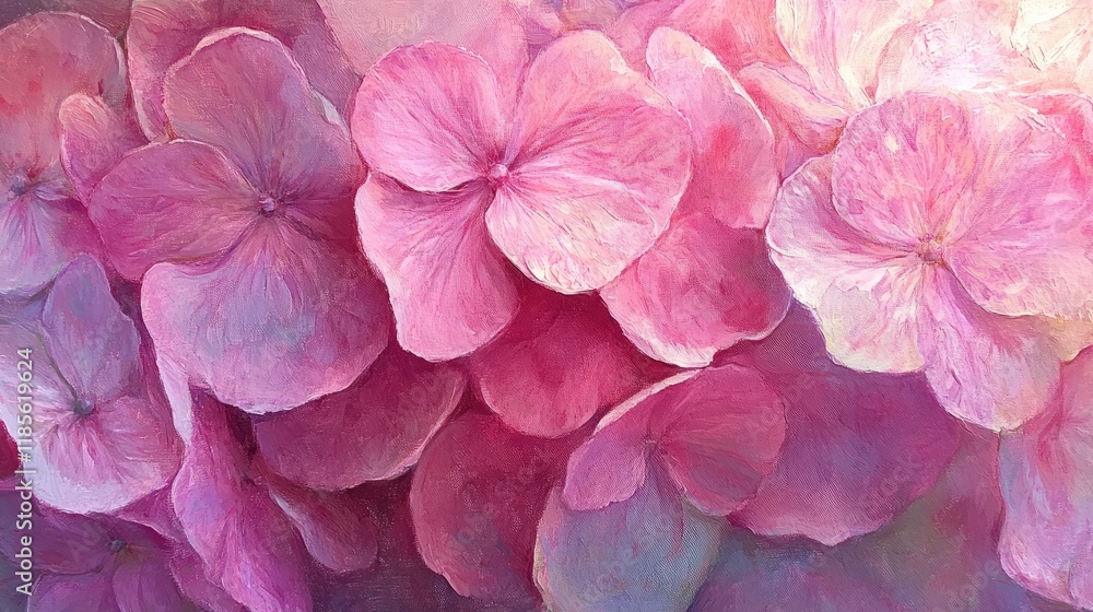 Obraz premium Pink hydrangea flower petals detailed close up showcasing delicate textures and vibrant hues in a natural setting