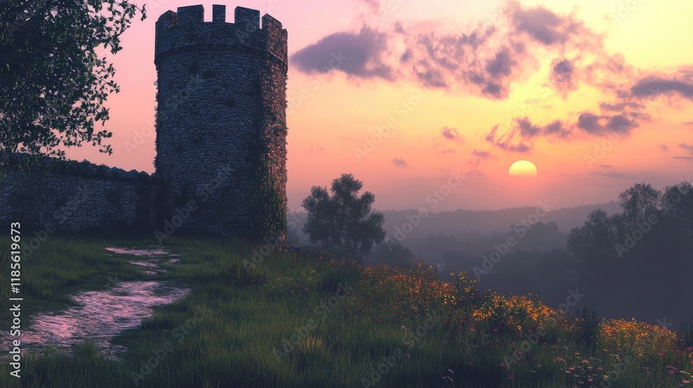 medieval fortification tower at sunset with vibrant sky and lush greenery surrounding the ancient structure in twilight ambiance medieval fortification tower at sunset with vibrant sky and lush greenery surrounding the ancient structure in twilight ambiance