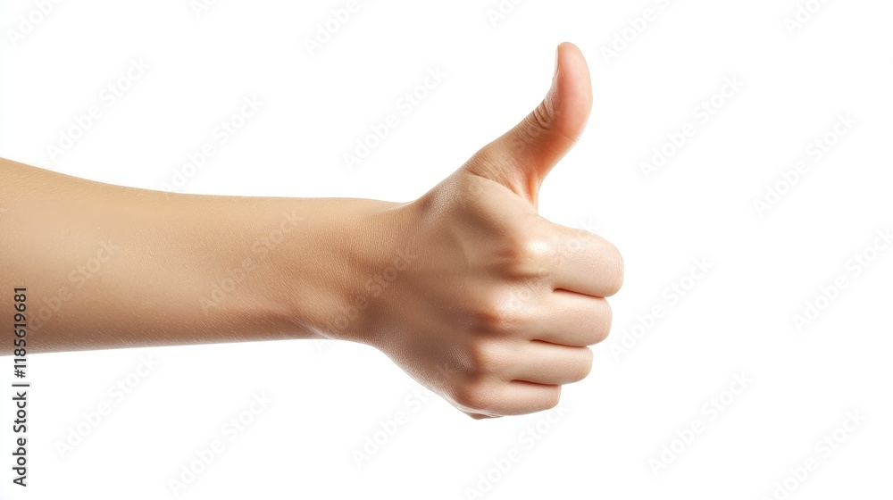 Hand giving thumbs up gesture indicating approval with a neutral white background for positive feedback or endorsement concepts Hand giving thumbs up gesture indicating approval with a neutral white background for positive feedback or endorsement concepts