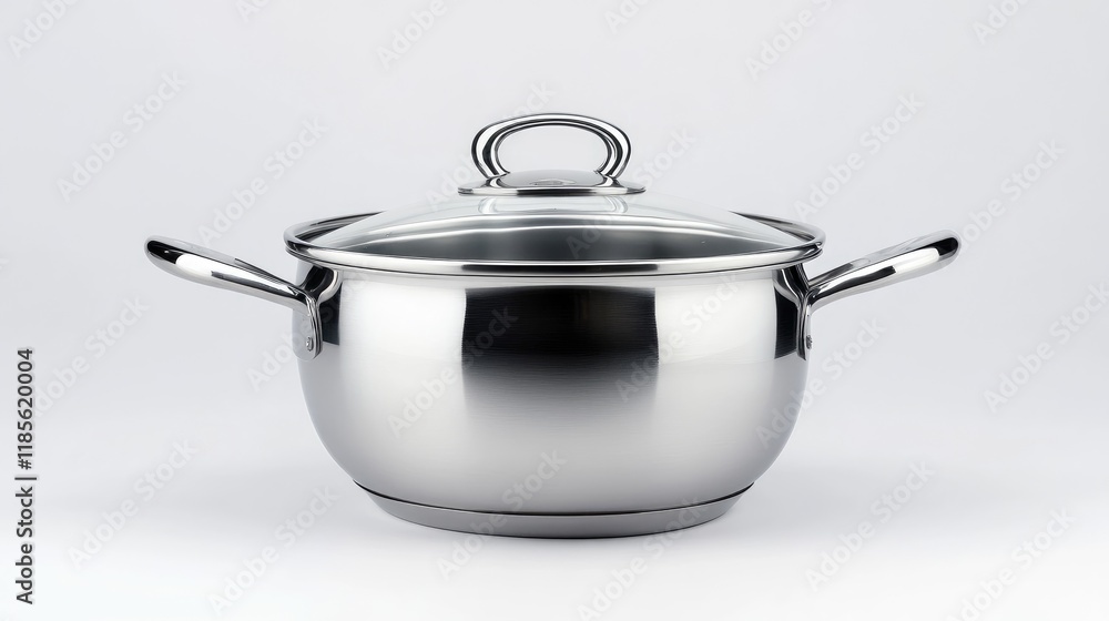 Stainless steel cooking pot with glass lid showcased on a clean white background for kitchenware or cookware advertising. Stainless steel cooking pot with glass lid showcased on a clean white background for kitchenware or cookware advertising.