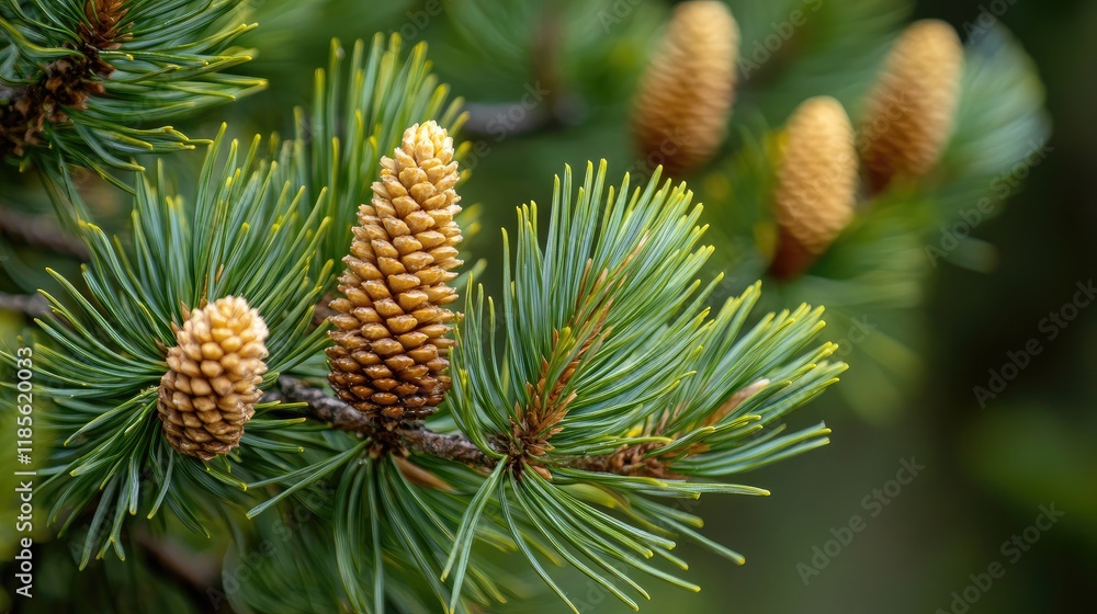 New Spring Growth of Long Green Needles and Brown Cones on a Pine Tree in a Garden Setting with Soft Natural Lighting New Spring Growth of Long Green Needles and Brown Cones on a Pine Tree in a Garden Setting with Soft Natural Lighting