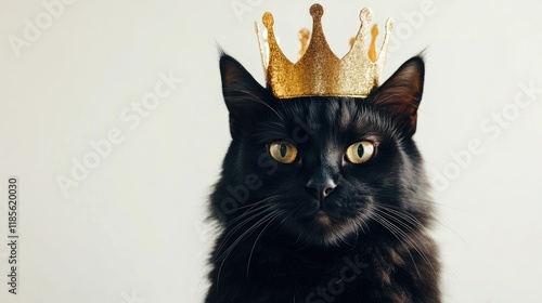 Regal black cat wearing a golden crown on a white background showcasing its majestic features and charming expression with copy space for text photo