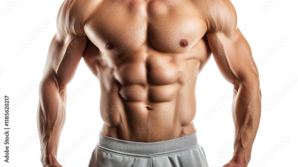 Fototapeta premium Muscular male torso demonstrating strength and fitness on a clean white background for health and wellness related visuals.