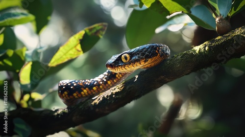 Indochinese Rat Snake perched on a branch surrounded by lush green leaves showcasing its vibrant colors in natural sunlight photo