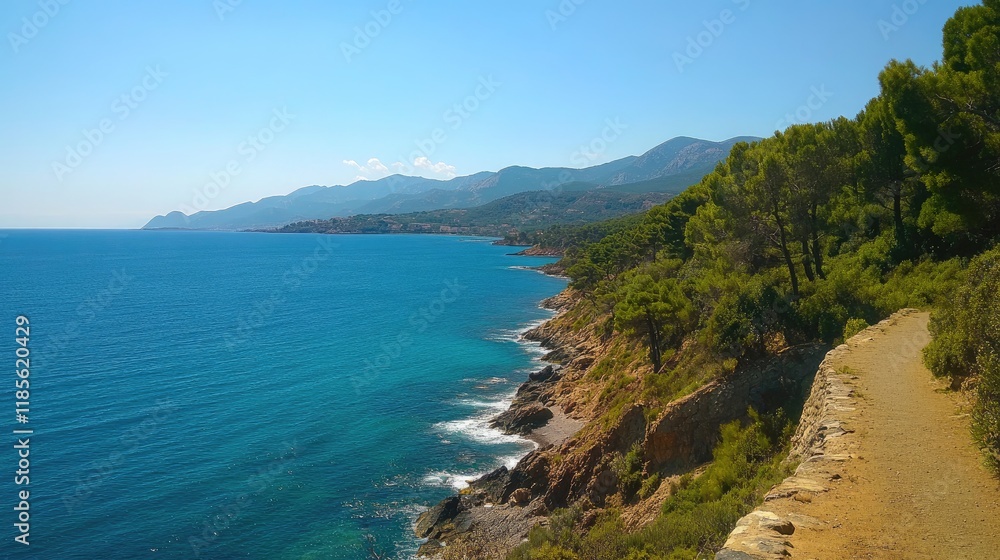 Serene Mediterranean coastline view from a scenic walkway with clear blue waters and lush greenery under a bright sunny sky. Serene Mediterranean coastline view from a scenic walkway with clear blue waters and lush greenery under a bright sunny sky.