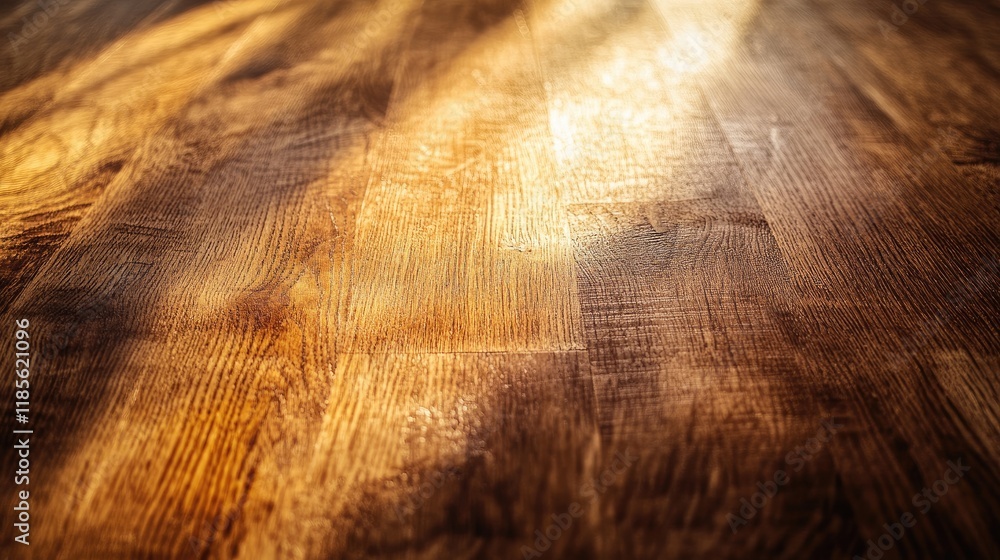 Fototapeta premium Close-up view of polished hardwood surface with natural grain patterns illuminated by soft light showcasing texture and warmth