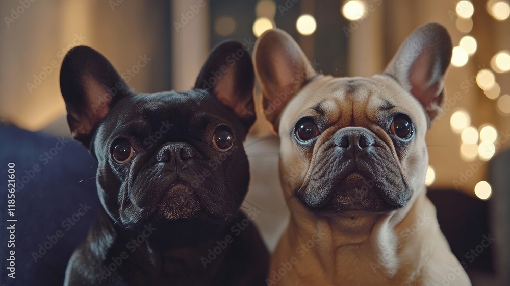 Fototapeta premium Happy pug and french bulldog sitting together on a cozy chair with warm bokeh lights in the background looking expectantly at the camera.
