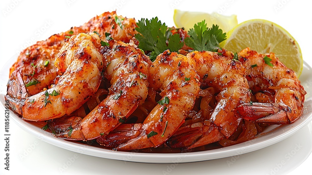 Close-up of Seasoned and Cooked Shrimp with Lemon and Cilantro Close-up of Seasoned and Cooked Shrimp with Lemon and Cilantro