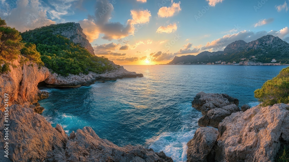 Fototapeta premium Mediterranean sunset seascape with dramatic mountains and vibrant clouds reflecting on tranquil waters in a serene coastal setting