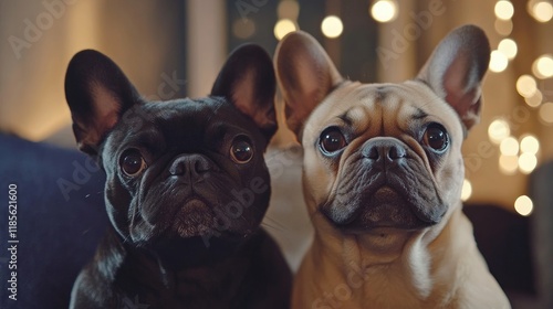 Happy pug and french bulldog sitting together on a cozy chair with warm bokeh lights in the background looking expectantly at the camera. photo