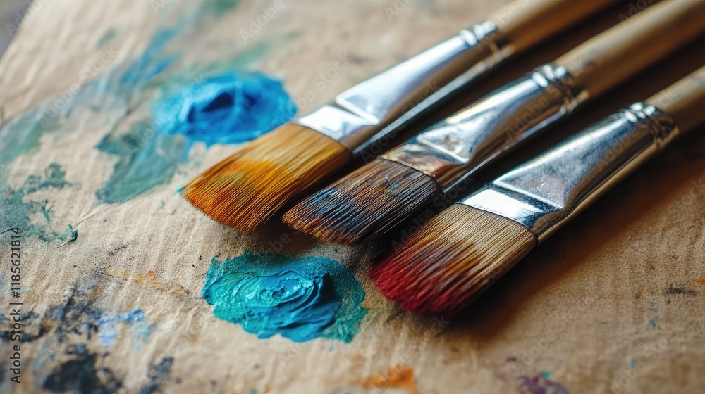Fototapeta premium Paint brushes with vibrant colors resting on textured cardboard surface for artistic creativity and inspiration in painting projects