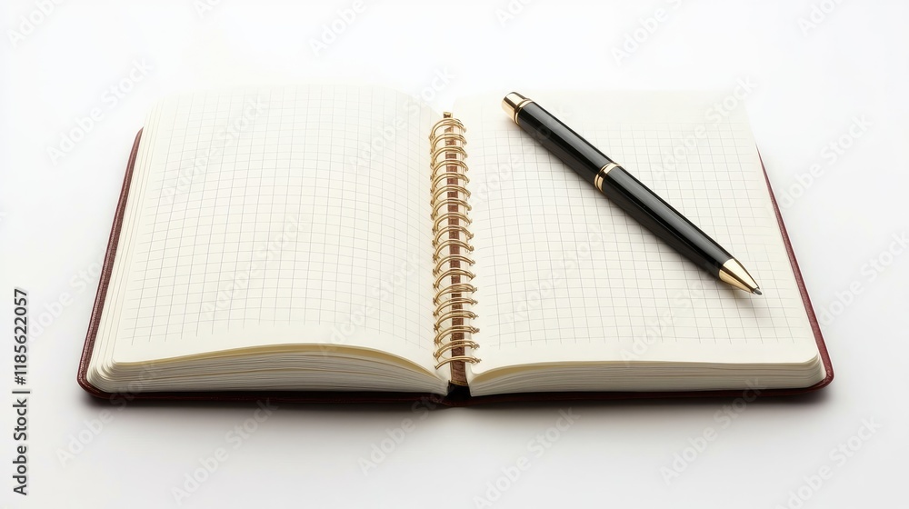 Open spiral-bound notebook with blank pages and a sleek pen resting on its side against a clean white background. Open spiral-bound notebook with blank pages and a sleek pen resting on its side against a clean white background.