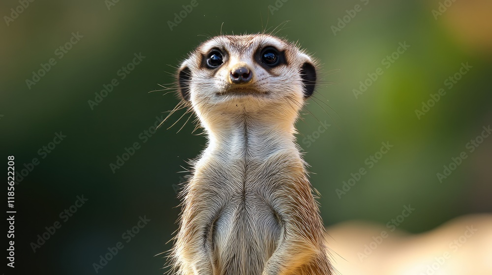 Curious meerkat standing upright in natural habitat with a blurred green background showcasing its inquisitive expression and posture. Curious meerkat standing upright in natural habitat with a blurred green background showcasing its inquisitive expression and posture.