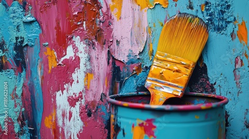 Colorful paint palette with a brush resting in a can against a vibrant textured wall backdrop showcasing artistic creativity and expression. photo