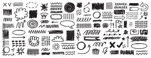 line hand drawn brush vector element doodle set. Grunge abstract chalk spiral, arrows element scribble line brush hand drawn sketch design.