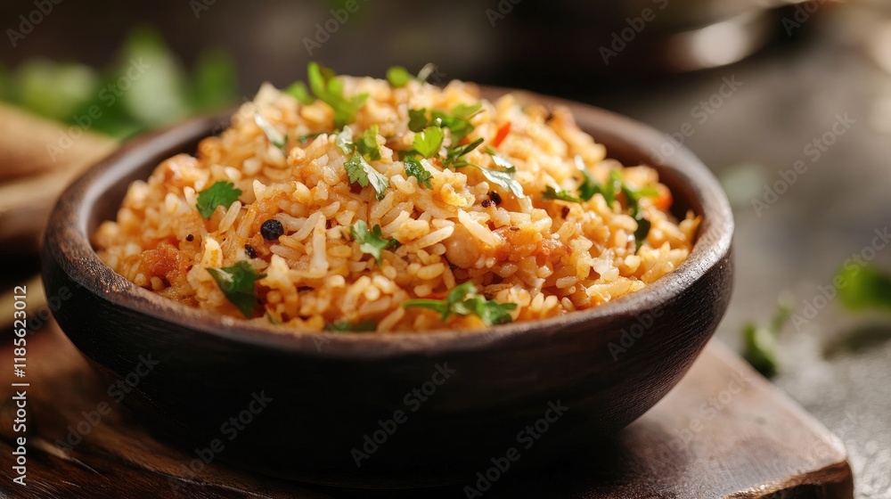 Traditional Indian Dal Fry served with fragrant rice garnished with fresh herbs in a rustic bowl, showcasing vibrant culinary heritage. Traditional Indian Dal Fry served with fragrant rice garnished with fresh herbs in a rustic bowl, showcasing vibrant culinary heritage.