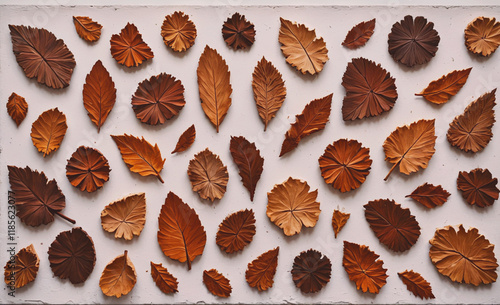 White background with a lot of leaves on it. Some of the leaves are brown. There are many leaves on the background photo