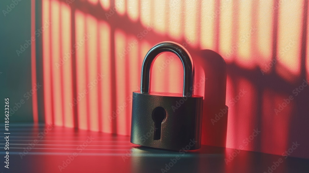 Fototapeta premium Stylized padlock casting shadows on a table with vibrant lighting and contrasting colors showcasing security and protection concepts.