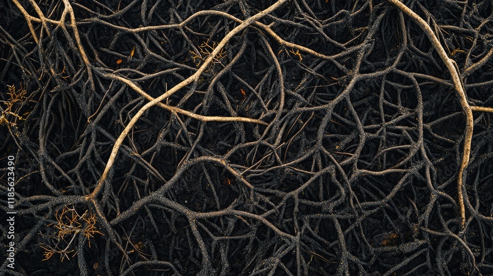 Aerial view of intricate black mangrove roots showcasing nature's patterns in a tropical setting with ample space for text overlay Aerial view of intricate black mangrove roots showcasing nature's patterns in a tropical setting with ample space for text overlay