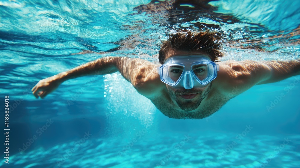 Fototapeta premium Man Swimming Underwater in Clear Pool Water with Splashing Effects and Snorkel Gear
