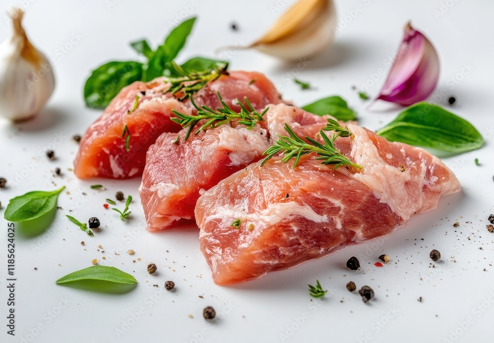Fresh Raw Meat with Herbs and Spices on a White Surface, Featuring Garlic Cloves and Green Basil Leaves for Culinary Inspiration and Food Photography Fresh Raw Meat with Herbs and Spices on a White Surface, Featuring Garlic Cloves and Green Basil Leaves for Culinary Inspiration and Food Photography