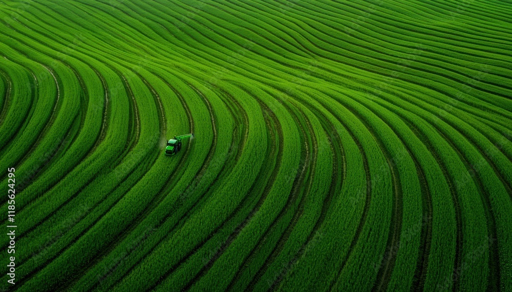 Fototapeta premium Vibrant Green Rice Field with Curved Patterns and Tractor Aerial View