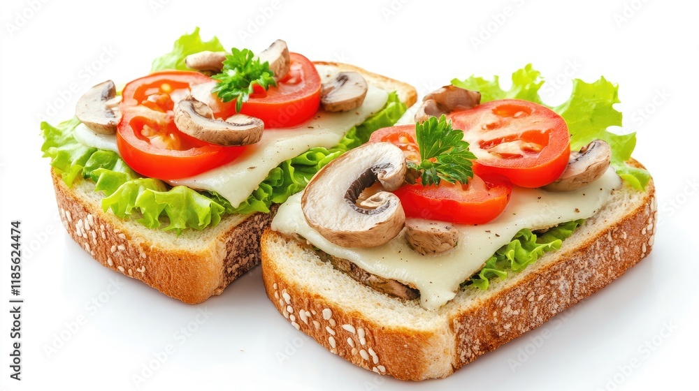 Open sandwiches topped with mushrooms tomatoes and lettuce on a white background showcasing fresh ingredients and vibrant colors Open sandwiches topped with mushrooms tomatoes and lettuce on a white background showcasing fresh ingredients and vibrant colors